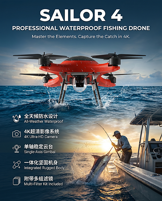 专业钓鱼场景海报，展示单轴防水云台4K航拍无人机，专为水手4航拍钓鱼设计，一体化设计，配备优秀影像系统和单轴稳定云台系统，提供多组滤镜，支持全天候工作，尺寸宽95CM高120CM，专业户外水域钓鱼场景背景，产品居中突出展示，专业电商海报风格，简洁高级，突出产品专业性