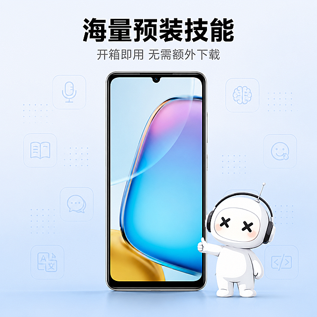 [模块3] 预装技能 功能卖点展示图。[氛围/风格] 清新科技萌宠风，浅蓝渐变背景，干净通透，小红书适配风格。[画面元素] 手机正面屏幕居中展示，保持原有屏幕渐变壁纸、水滴屏外形和银色边框，和输入产品图一致。右下角加入小奈小白萌宠IP站立互动。背景加入淡淡的技能图标点阵，不抢主体。[光影质感] 屏幕光线均匀明亮，边框金属高光清晰，整体画面干净通透。[配色色系] 全局底色 #f5f8ff；主体配色：屏幕蓝紫渐变+银色边框；辅助色：浅蓝背景+萌宠纯白。[文字版式] 顶部主标题 "海量预装技能"，黑色粗体；副标题 开箱即用 无需额外下载，灰色小号字，居中对齐。文字在顶部不遮挡屏幕主体。[视角构图] 平视正面，居中构图，主体突出。[比例分辨率] 1:1 正方形，1024x1024，文字清晰，超高清。[负向提示词] 屏幕内容错乱，产品外形改变，水印，文字模糊