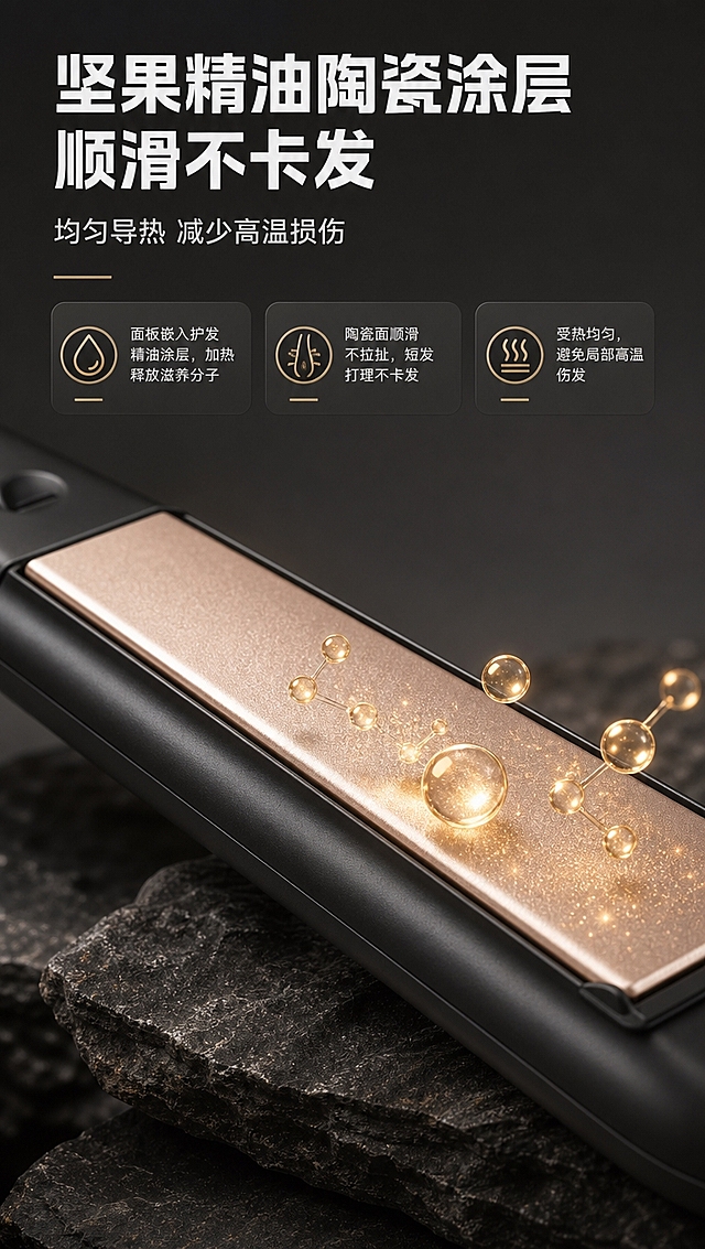 [商品] 使用【图6】【图7】烫发板发热面板微距特写；保留香槟金陶瓷面板细腻肌理、黑色机身边缘。
[画面] 目标：坚果精油陶瓷涂层，突出顺滑不伤发。构图：发热面板微距特写居画面中央，呈现细腻陶瓷肌理，暖金色精油分子缓缓析出特效，搭配岩石质感底座强化高级感，深灰哑光背景，产品占画面55%。
[视觉] 套系策略：风格=深炭灰哑光男士专业家电风；标题字=现代无衬线粗黑体（硬朗利落）；正文字=简洁无衬线体；主色=深炭灰/哑光黑；背景延展=基于深炭灰做哑光渐变、同色系明暗层次和细腻磨砂金属质感；强调色=香槟金/暖金色，仅用于小面积图标、引线、标签和局部光效；标题色=纯白；正文色=浅银灰；组件=圆角哑光信息卡、细线引线、金属质感标签；光影=左前侧暖金柔光+底部柔和倒影。
[文字] 顶部主标题「坚果精油陶瓷涂层 顺滑不卡发」，副标题「均匀导热 减少高温损伤」，下方3个卖点「面板嵌入护发精油涂层，加热释放滋养分子」「陶瓷面顺滑不拉扯，短发打理不卡发」「受热均匀，避免局部高温伤发」，文字全部横排。
[规格] 图片比例9:16竖版，4K分辨率，避免变形、错字、文字过小、冷蓝背景、产品颜色改变、结构失真、绝对化用语。