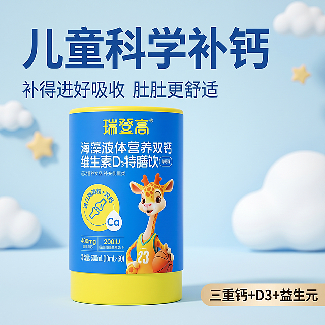 [主图 1] 瑞登高儿童补钙产品首图场景展示
[氛围风格] 清新温馨亲子风，充满童趣活力，突出儿童保健品的安全放心感
[画质] 商业摄影质感、光线柔和通透、产品清晰真实、画面干净高级
[元素] 瑞登高海藻液体钙圆柱产品瓶居中展示，保持产品外观（即物理结构、材质质感、颜色）与输入产品图绝对一致，杜绝任何变形和色差，精细化处理。背景为柔和浅蓝干净简洁背景，点缀柔和云朵和星星童趣元素，商品主体占比严格控制在 60%-80% 之间，画面满屏无边框。
[光影] 柔和漫射自然光，均匀照亮产品，干净通透无硬阴影
[配色] 主色调天蓝色，搭配产品原有黄色点缀，清新明快
[视角构图] 平视正面视角，产品居中为视觉中心，景深较浅背景虚化突出主体
[文字版式] 左上负空间左对齐留安全边距，主副标题排版不遮挡产品主体。主标题 “儿童科学补钙” 深蓝色最大号粗体无衬线；副标题 “补得进好吸收 肚肚更舒适” 约半高同色系。右下卖点标签 “三重钙+D3+益生元”，浅色底深字清晰突出。文字对比清晰，安全边距充足。
[比例分辨率] 1:1 比例，2k 分辨率；文字清晰锐利，画面超高清
[负向提示词] 变形，水印，文字错乱，产品图模糊，背景杂乱，价格，夸大文案