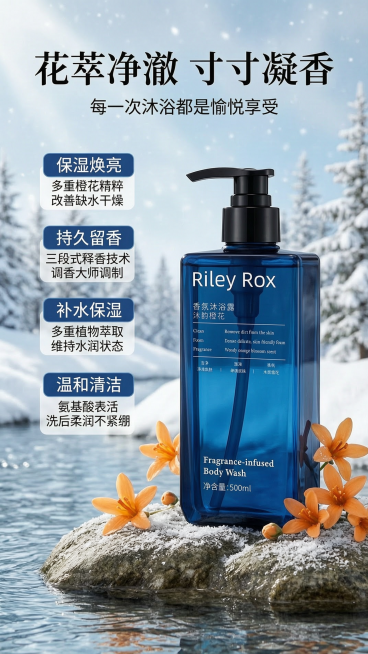 [第3屏] 本屏功能定义：RILEY ROX沐韵橙花香氛沐浴露核心功效卖点展示。
[氛围/风格] 延续东方蓝调自然雪景风格，清新雅致，氛围感十足，商业摄影质感。
[元素布局] 沐浴露产品放置在画面中下预览效果