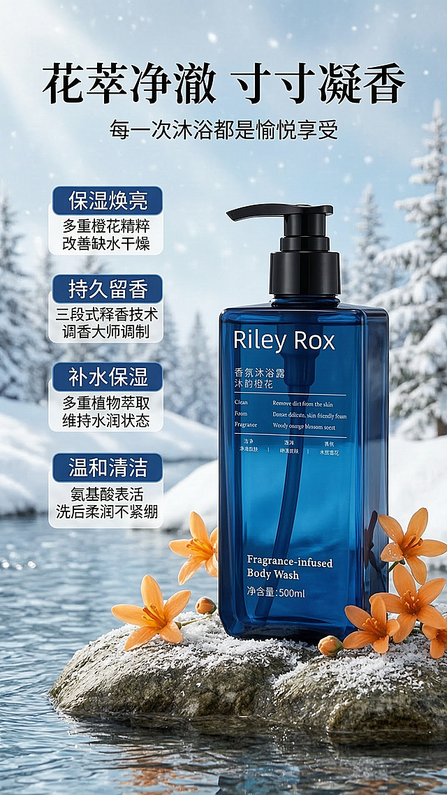 [第3屏] 本屏功能定义：RILEY ROX沐韵橙花香氛沐浴露核心功效卖点展示。
[氛围/风格] 延续东方蓝调自然雪景风格，清新雅致，氛围感十足，商业摄影质感。
[元素布局] 沐浴露产品放置在画面中下偏右位置，占据约50%画面比例，保持瓶身深蓝色透明质感、黑色泵头结构与输入产品图一致。背景为雪景森林溪流场景，水面波光粼粼，前景岩石点缀橙花花朵，整体自然清新层次丰富。画面左上区域排列四个核心功效卖点。
[光影质感] 自然柔和的漫射光从左侧照射，突出瓶身通透质感和雪景层次，整体光影干净明亮，产品轮廓清晰。
[配色色系] 全局底色：#C9DCE8远山浅蓝；主体：瓶身深蓝+泵头黑；辅助色：#F2EFEA雪景白 + #F2A057橙花暖橙，色系保持与首屏统一。
[视角构图] 斜侧静物视角，主体沐浴露放置在前景岩石上，背景溪流森林推远做虚化，景深效果自然，符合竖屏移动端构图，左上预留卖点文字区域。
[文字版式] 顶部通栏主标题「花萃净澈 寸寸凝香」书法字体，副标题「每一次沐浴都是愉悦享受」小字。左上分四行排列四个核心卖点：「保湿焕亮 多重橙花精粹 改善缺水干燥」「持久留香 三段式释香技术 调香大师调制」「补水保湿 多重植物萃取 维持水润状态」「温和清洁 氨基酸表活 洗后柔润不紧绷」，每个卖点配蓝色底纹标签，文字不遮挡主体产品。
[比例分辨率] 9:16竖版比例，4K分辨率，文字清晰可辨。
[负向提示词] 瓶身变形，泵头结构错误，颜色偏差，包装文字错乱，背景杂乱，文字模糊，违规表达。