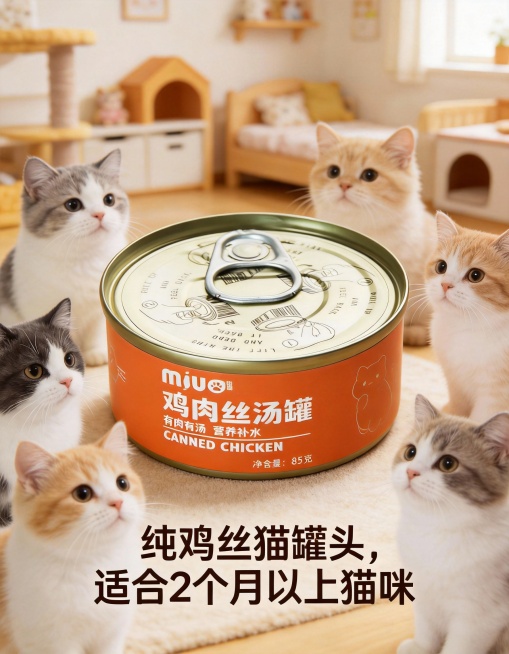 这是一款猫罐头产品，请帮我设计一款电商场景图，比例3:4，文字写：纯鸡丝猫罐头，适合2个月以上猫咪预览效果