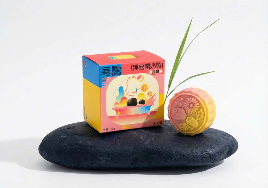 将图中的包装展开图生成立体方形包装盒，包装盒放置在一块墨色石头上，背后有一支修长的小草，石块上摆放着一块粉色与黄色渐变、带有黑松露和菊花图案的精致月饼，整体现代简约风格，白色背景预览效果