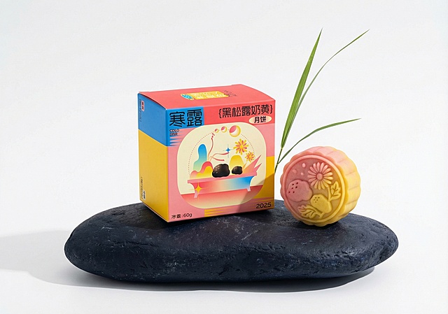 将图中的包装展开图生成立体方形包装盒，包装盒放置在一块墨色石头上，背后有一支修长的小草，石块上摆放着一块粉色与黄色渐变、带有黑松露和菊花图案的精致月饼，整体现代简约风格，白色背景