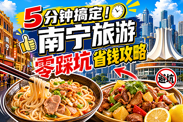B站视频封面，南宁旅游攻略主题，醒目标题文字"5分钟搞定！南宁旅游零踩坑省钱攻略"，搭配南宁城市街景和特色美食元素，风格活泼吸睛，适合旅游攻略内容，突出避坑干货感，画面清晰，构图饱满适合B站封面比例