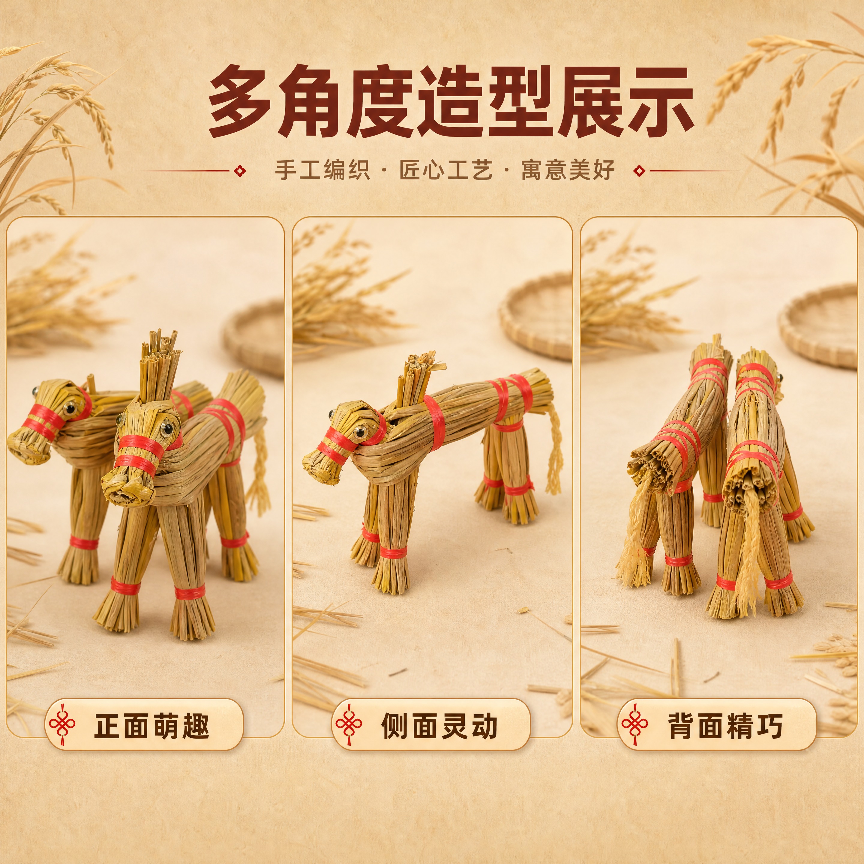[商品] 使用【图4】【图5】多只红绳捆绑稻草马装饰摆件；保留… - 图片创意预览