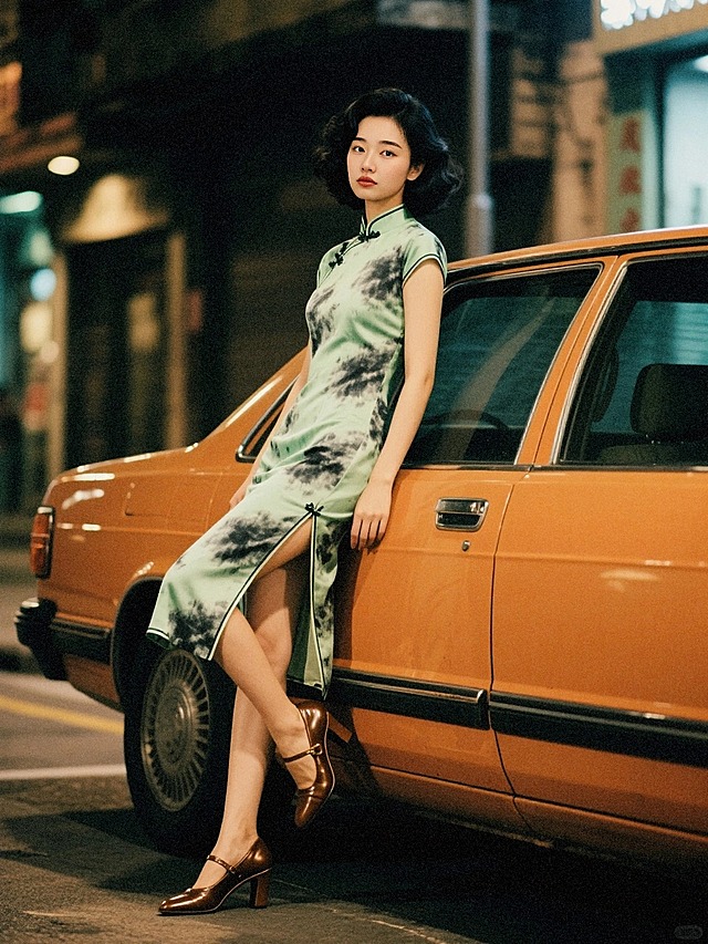 60年代香港街头的夜晚，一个女生（穿浅绿黑灰晕染旗袍，复古皮质高跟，手推波发型）倚在汽车旁，看镜头。