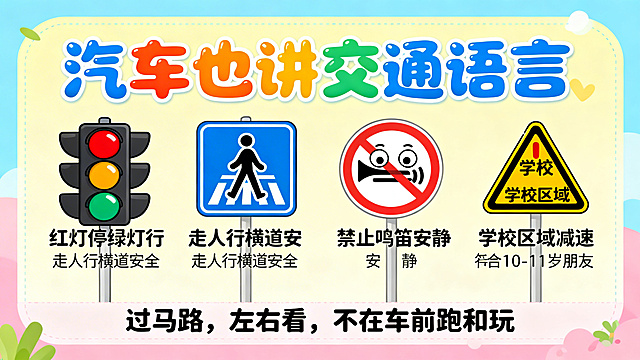 卡通风格PPT页面，主题是汽车也讲交通语言，介绍红绿灯、人行横道线、禁止鸣笛、学校区域的卡通交通标志，每个标志旁配有简单的规则说明，底部有安全口诀“过马路，左右看，不在车前跑和玩”，整体画风明亮活泼，字体圆润，适合10-11岁小朋友