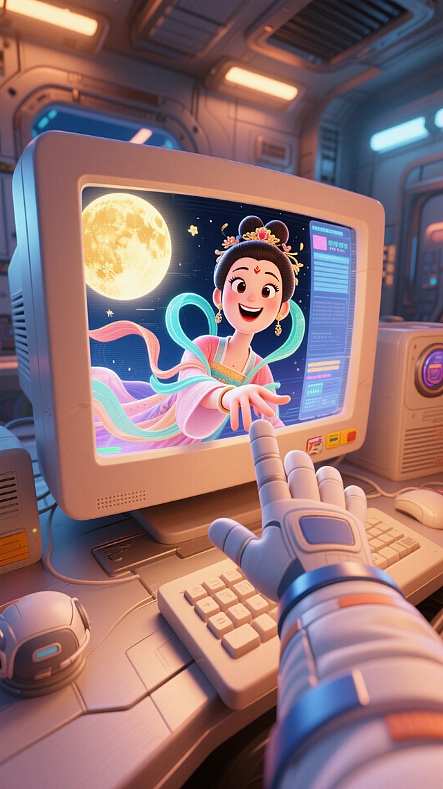 未来感与科技感交织的虚拟现实场景，卡通风格嫦娥从复古电脑屏幕中跃出，3D软塑质感搭配霓虹灯风光影，梦幻而富有动漫风趣味。
