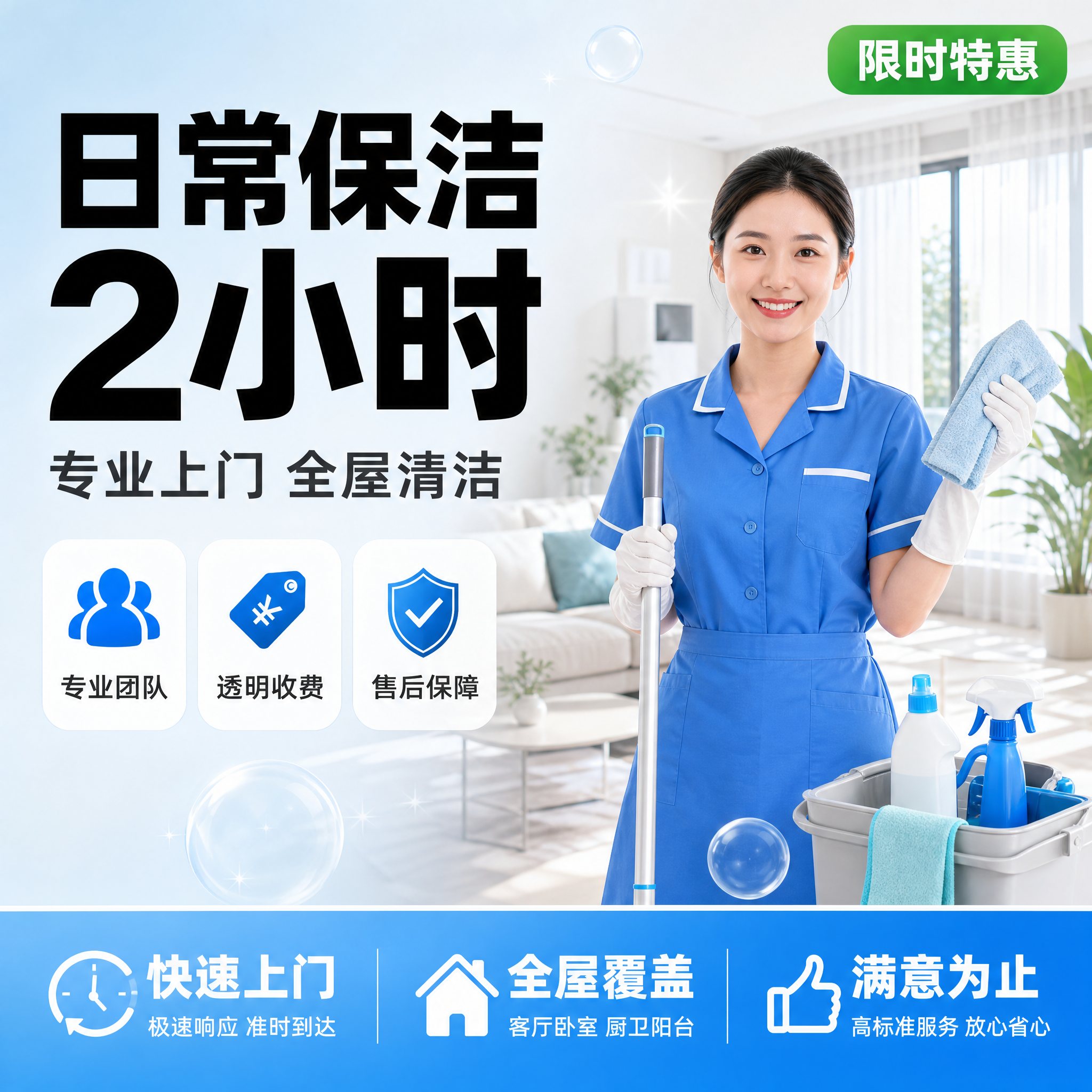 [单张主图] 日常保洁2小时服务电商首图，爆款促销感路线，简洁… - 图片创意预览