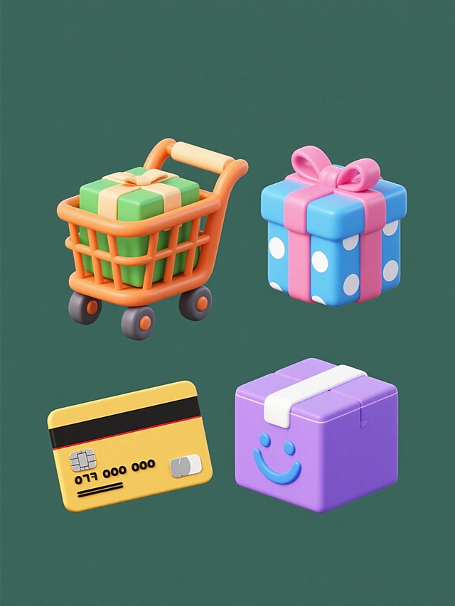一套4个元素的电商素材集合，保持3D卡通风格，采用圆润造型和柔和渐变色彩，每个元素均有明显的高光和阴影以增强立体感，纯色背景，规整排布；第一个元素是橙色购物车，车筐内有一个绿色的包裹，车轮为深灰色；第二个元素是蓝色礼盒，礼盒上系着粉色蝴蝶结，礼盒侧面有白色圆点图案；第三个元素是黄色信用卡，卡面上有黑色的卡号和银色的芯片，卡的边缘有红色线条装饰；第四个元素是紫色快递箱，箱子上有白色的胶带，胶带呈十字交叉状，箱子侧面有一个蓝色的笑脸图案。