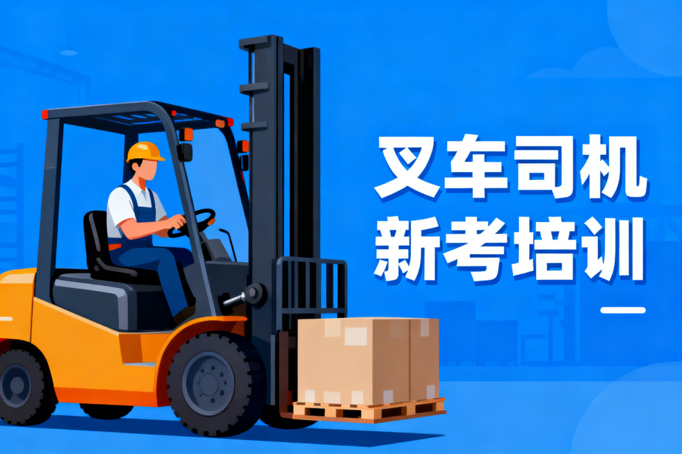 叉车司机新考培训宣传图，与之前的工种培训图风格统一，蓝色商务简约风，左侧是叉车司机驾驶叉车进行作业的写实场景插画，右侧醒目显示文字'叉车司机 新考培训'，整体清晰专业预览效果