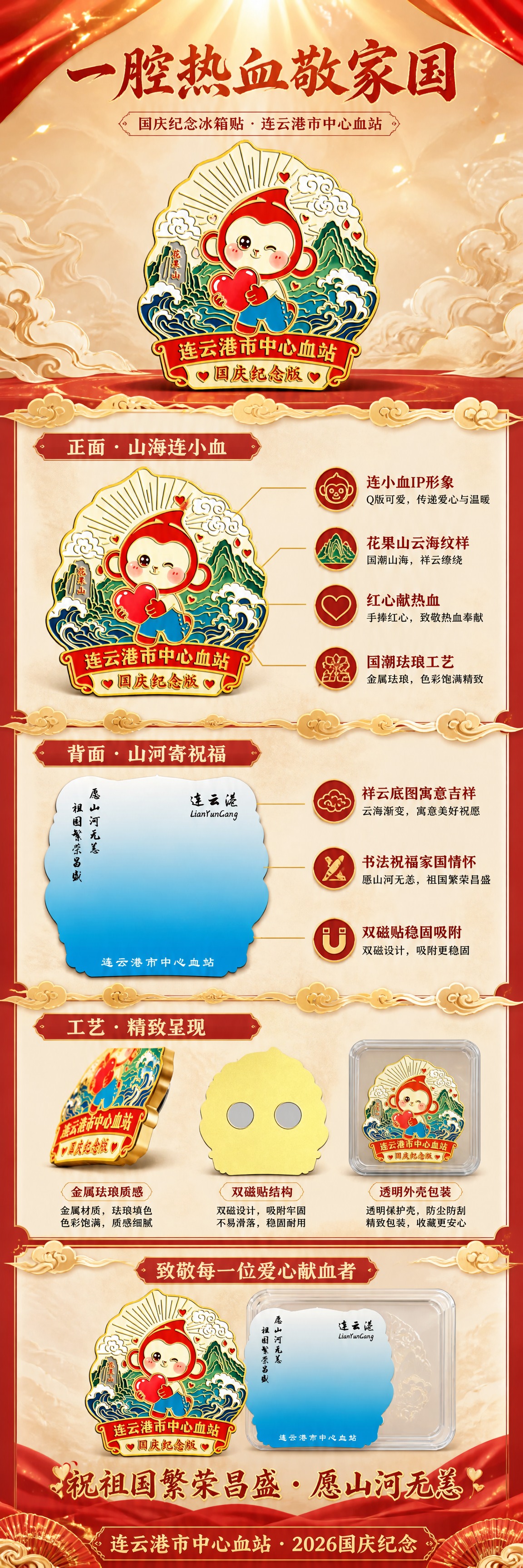 国庆纪念冰箱贴设计构思长图海报，竖版超长幅，红金国风配色，精致… - 图片创意预览