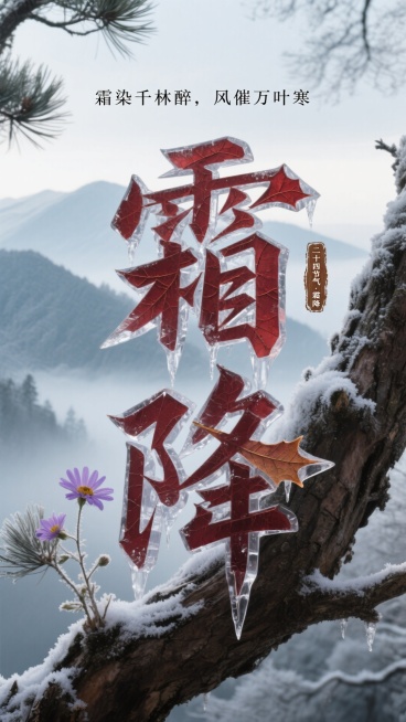 画面主体是由冰棱和深红枫叶组成的 “霜降” 大字，大字依附在覆有薄霜的苍劲古松枝上，松枝旁点缀着带霜的淡紫色小野菊；画面上方是小字“霜染千林醉，风催万叶寒”，右侧棕色木质印章刻 “二十四节气・霜降”；预览效果