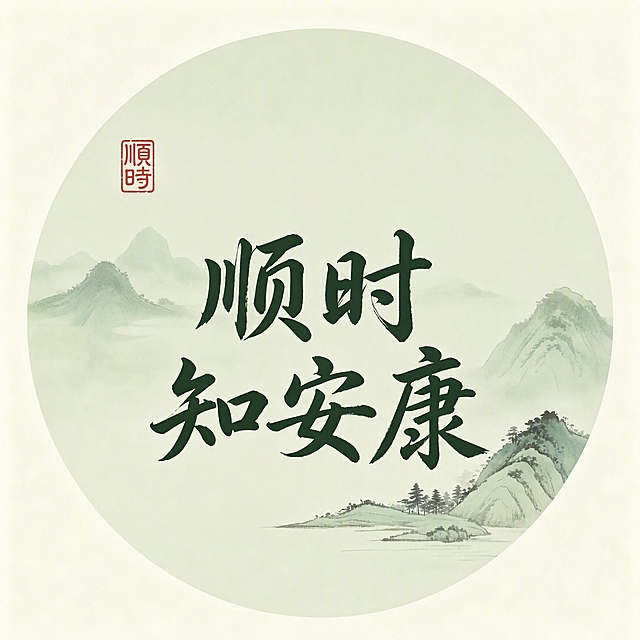 在这张国风水墨画的左上角添加一个小巧的印章式小图标，印章内刻有篆书风格的'顺时'二字，朱红色印章，古朴雅致，尺寸约占画面的1/16大小，位置在左上角留白处，与整体国风画面协调融合。画面整体保留1/4的留白区域，主要集中在顶部和左侧，构图更加疏朗空灵。保持原有的青绿山水风格和'顺时知安康'书法字体不变，整体意境清雅宁静。