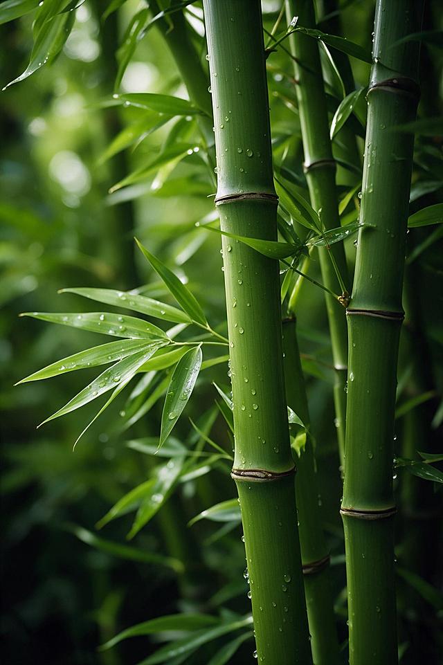 参考图中的竹林写实摄影风格，重新生成全新的竹林画面内容，保持翠绿竹子、竹叶带水珠、微距特写、景深虚化、自然光影、高细节质感的写实摄影风格