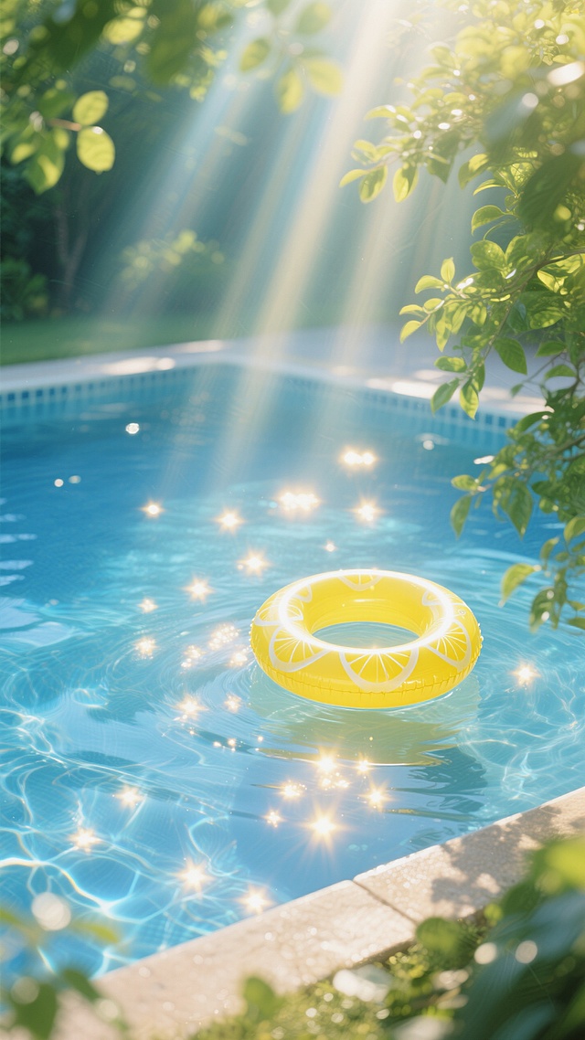 清新3D风泳池，柠檬圈轻拟物设计，光影闪烁，夏日舒适感。