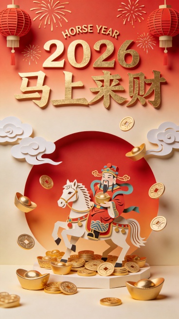 一款受库淑兰剪纸艺术风格启发的新春海报设计。采用绚烂彩色剪纸的微缩摄影风格，融入年味十足的立体剪纸和纸雕艺术。财神爷骑着马，周围环绕着金元宝、钱币和祥云。顶部有红灯笼和烟花。具有中式风格、东方审美，兼预览效果