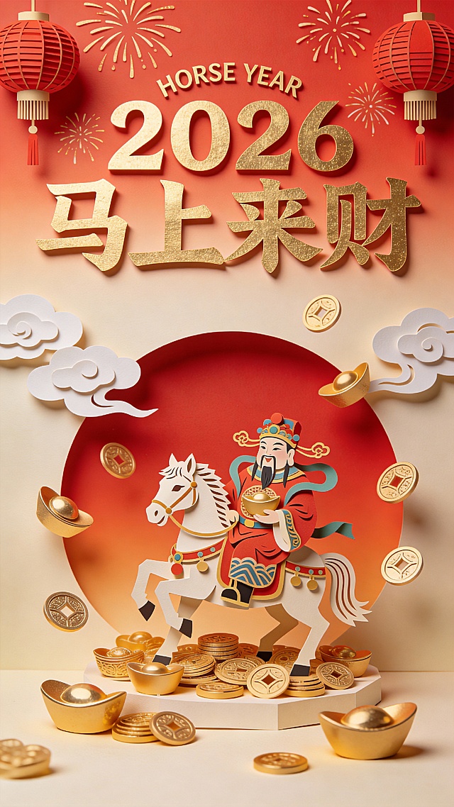 国潮风剪纸艺术结合，鎏金质感搭配喜庆红黄配色，卡通财神骑马迎财，微缩场景呈现中式新年祝福，2026马年“马上来财”主题生动吉祥。