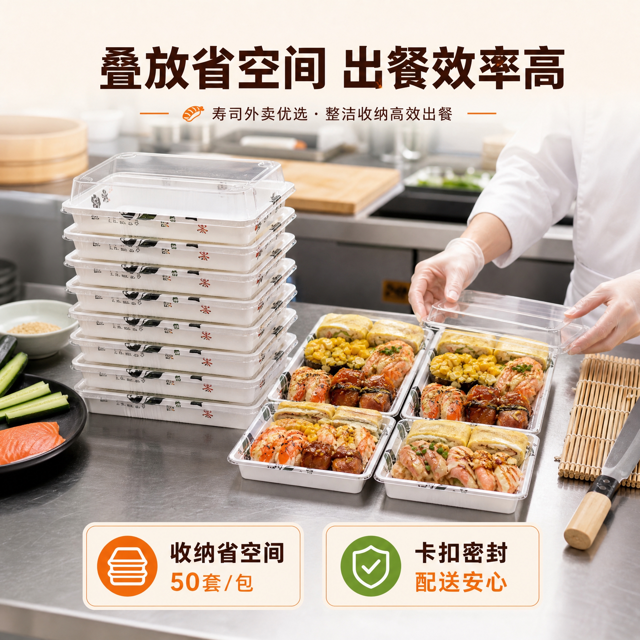 [主图-6] 中号寿司外卖盒叠放收纳与批量使用场景图。 [统一… - 图片创意预览