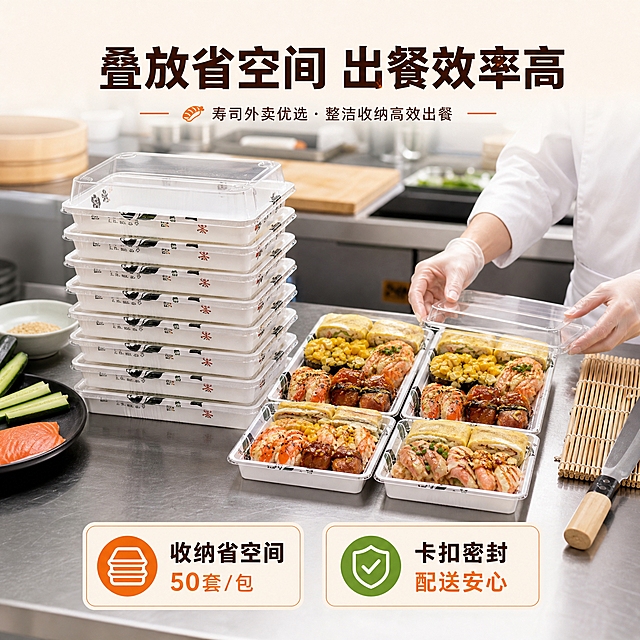 [主图-6] 中号寿司外卖盒叠放收纳与批量使用场景图。
[统一基调] 日式餐饮包装风格，干净通透，浅木色+米白主背景，深棕标题字色，暖橙强调色，无衬线粗体标题字，简洁现代日式字体层级，圆角卡片与细线条图标样式。
[画面] 寿司店后厨备餐场景，不锈钢操作台，左侧是一摞10个叠放整齐的空寿司盒，盖子扣合，堆叠整齐节省空间；右侧是3个已经装好寿司的成品盒排成一排，准备盖盖打包。旁边有寿司制作工具：竹帘、刀具、食材盘。一位厨师的手正在给其中一个盒子盖盖子。顶部大标题"叠放省空间 出餐效率高"，底部左右分别标注"收纳省空间 50套/包"和"卡扣密封 配送安心"。
[光影质感] 明亮后厨灯光，干净整洁的感觉，叠放的盒子边缘对齐整齐，透明盒体反光自然，不锈钢台面有轻微反光，整体专业卫生。
[配色] 不锈钢银灰色+白色主调，深棕色标题，暖橙色强调，绿色安全图标点缀。
[文字版式] 顶部居中大标题，底部左右两个标签，画面左右分区展示，文字放在负空间不遮挡产品。
[输出要求] 1:1正方形，2048px，叠放整齐自然，文字清晰可读，无水印，无平台Logo，画面专业干净。