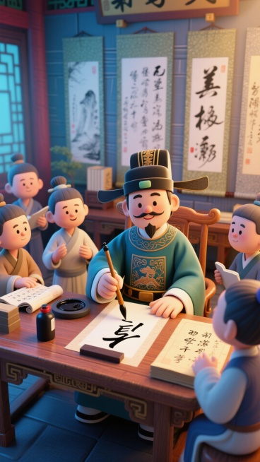 3D 卡通五品翰林学士，在公堂，坐公堂书桌前手持毛笔在宣纸上写字，和几个书生讨论古诗，对着摄像头展示书写过程，身边有砚台和墨水瓶，背景是挂着书法作品的书房，充满传统文化气息预览效果