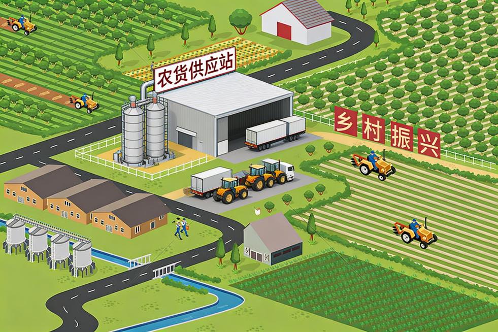 等距视角农业场景图，包含规整农田、贯穿场地的道路、多台正在作业的农机，农事综合服务中心区域设有农资供应站、农机停放区、大型仓库、粮食烘干塔、物流运输车，整体色彩明快清新，风格与参考图一致预览效果