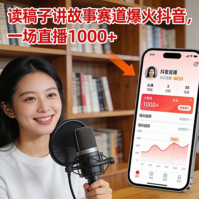 一位年轻女性在书房环境中微笑面对麦克风，身穿简约白色上衣，手持专业录音话筒，背景为木质书架和书籍。右侧展示手机屏幕界面，显示抖音直播数据：头像、粉丝数、点赞数、收益“1000+”及增长趋势图。上方红色文字提示“读稿子讲故事赛道爆火抖音，一场直播1000+”，橙色箭头指向手机界面。整体风格现代、清晰，突出内容创作与变现主题。