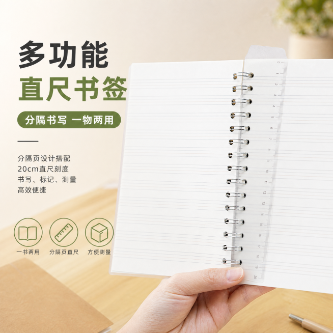 [单张主图] 道林线圈本，爆款促销感主图，展示附带直尺书签的多功能设计卖点。[画面主体] 人手打开线圈本，清晰展示分隔页透明直尺功能，产品主体占画面约60%；保持线圈本内页横线纹理、金属双线圈、透明直预览效果
