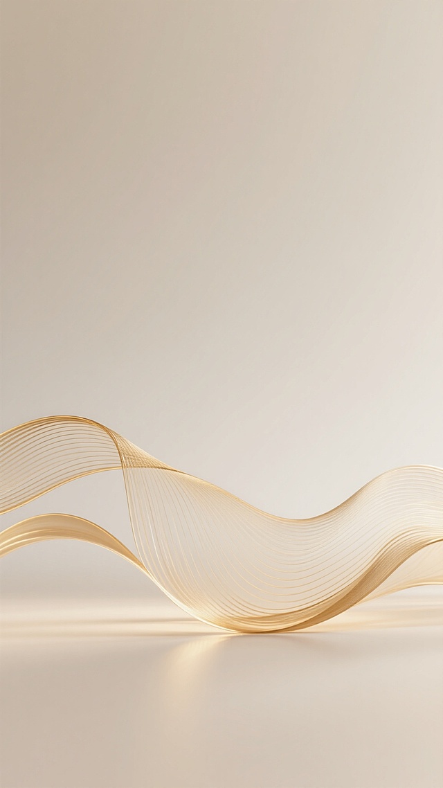 极简风格高级感背景，柔和的米白色渐变底色，底部以流动的金色线条构成优雅的波浪形态，线条细密且富有层次感，呈现出丝绸般的光滑质感与微妙光泽，光影柔和自然，整体营造出简约、奢华且宁静的氛围，画面干净利落，视觉层级清晰，传达出高端、精致的设计感。
