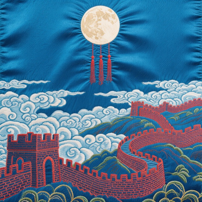一幅巨型的丝绸刺绣艺术画，背景是深蓝色丝绸，用不同层次的蓝色丝线绣出翻滚的云海，风格化的长城由厚重金属光泽的盘金绣绣成，针脚粗犷有力具浮雕感，天空中巨大圆月用平铺银色丝线满绣，表面光滑如镜反射幽光，从预览效果