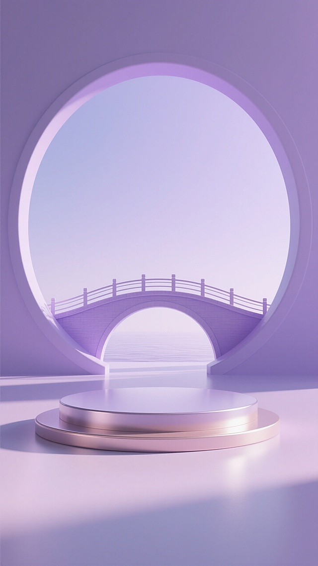 梦幻感的3D风设计，虚拟现实中的简约主义拱桥，营造宁静氛围。