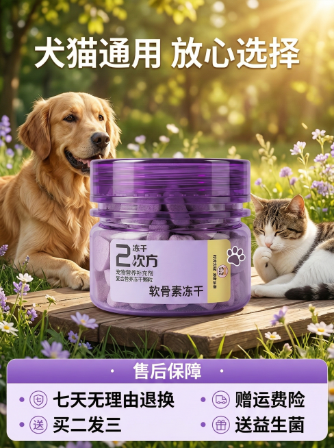 淘宝天猫详情页第五屏，宠物软骨素冻干，紫色清新自然风格，和参考主图风格一致。大标题写着"犬猫通用 放心选择"，画面中心展示完整产品瓶身，保留商品本身文字和图案不修改，周围搭配金毛狗狗和猫咪的温馨户外场预览效果