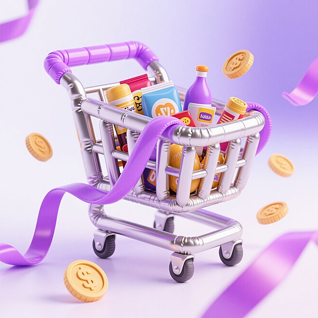 主视觉银色金属光泽色购物车，车内装满各种商品，环绕金币、彩带，浅紫加白色渐变背景，白色占大部分，促销氛围