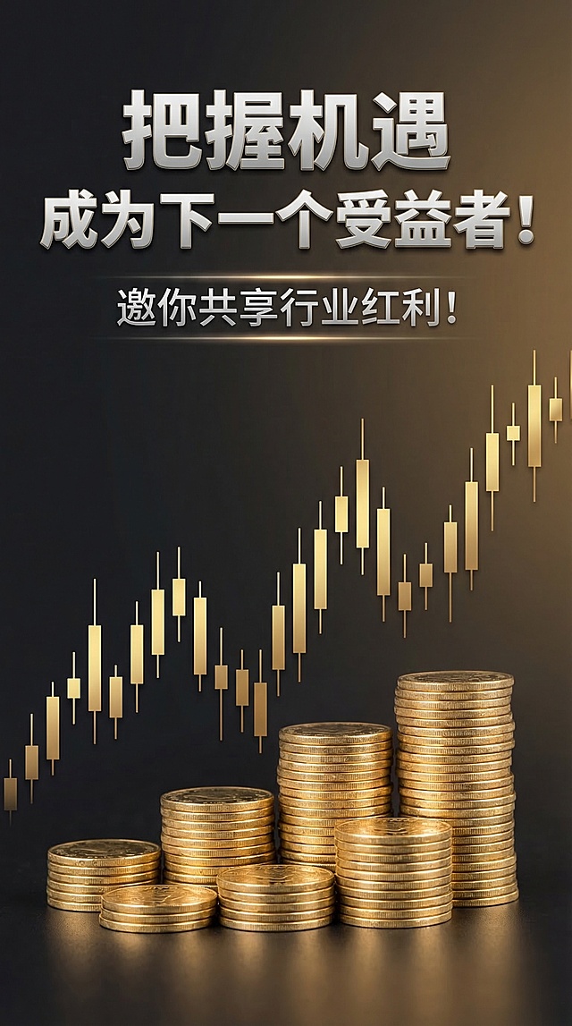 这是一张财富机遇场景的竖版金融投资海报，黑金质感写实风格，带有强烈的商务奢华感。背景为深炭黑与暖古铜渐变，中央是金色K线走势图，前景堆叠着多组金色金币，金币从矮到高排列，象征财富积累。顶部居中位置有银灰色粗体立体大字 "把握机遇 成为下一个受益者！"，具有金属光泽与轻微立体阴影效果。标题下方居中位置有银灰色无衬线体小字 "邀你共享行业红利！"，文字带有轻微发光效果。