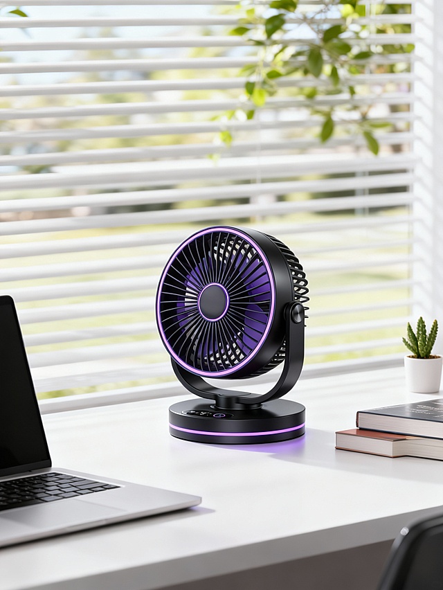 现代简约书桌风调性，整体配色以黑、紫、白为主，色调时尚利落；主体放置在画面中部的书桌上，主体占 5% 画面比例；周围有笔记本、书籍上有小型绿植，背景为百叶窗与户外绿植，主体与简约书桌场景融合；运用自然光效渲染还原桌面质感，浅景深处理，主体清晰锐利，背景百叶窗柔和虚化平衡画面。