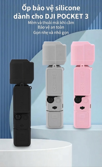 将图中的所有英文文字替换为对应越南语，大标题是"Ốp bảo vệ silicone dành cho DJI POCKET 3"，副标题第一行是"Mềm và thoải mái khi cầm"，预览效果