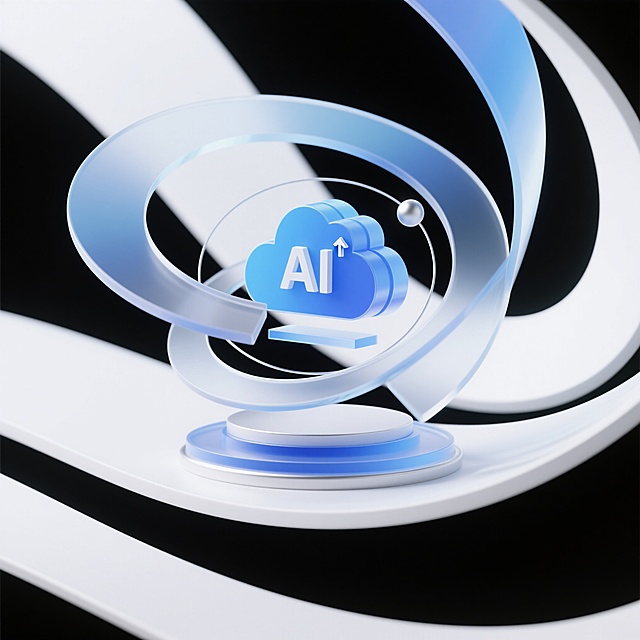 未来感与科技感交织的3D玻璃风设计，清透几何线条环绕AI云图标，光影流动凸显体积感，虚拟现实氛围中展现简约主义美学。