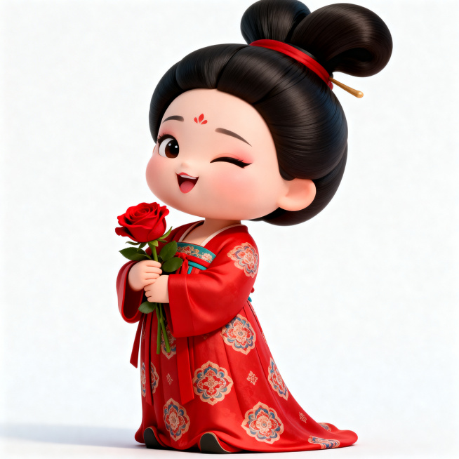 唐代Q版卡通写实风格仕女图，人物为全身像，身着红色艳丽襦裙，高发髻，裙子图案清晰，人物表情生动妩媚俏皮，保持抱着红色玫瑰的姿态，纯白背景预览效果