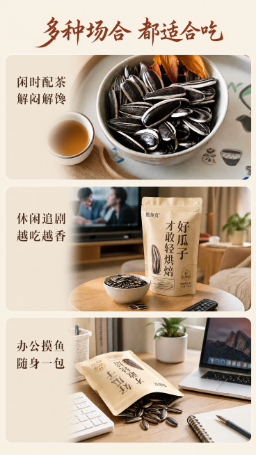 [第6屏] 甄如真原香瓜子多场景种草，展示休闲适用场景。采用竖拼三段式构图，每段一个场景配对应实拍图。第一段配茶场景：左上角文字「闲时配茶 解闷解馋」，右侧放【图3】碗装瓜子实物图；第二段追剧场景：左预览效果