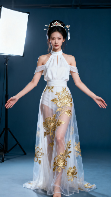 生成一位穿着白色露肩挂脖金色刺绣古风纱裙的女性，发型保留原有头饰，让女性站立，双臂向两侧打开呈模特展示姿势，写实高清风格预览效果