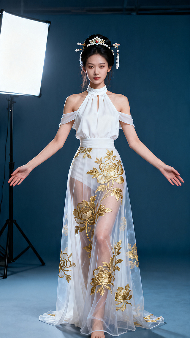 生成一位穿着白色露肩挂脖金色刺绣古风纱裙的女性，发型保留原有头饰，让女性站立，双臂向两侧打开呈模特展示姿势，写实高清风格