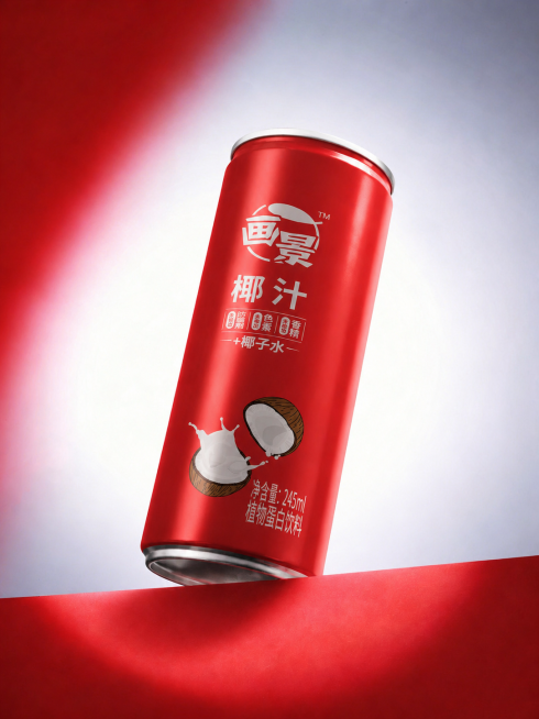 将图1的红色画景椰汁罐装产品添加到图2的红白色光影场景中，使用仰视拍摄角度，保持场景原有构图，呈现大师级作品的高级光效与质感，风格张扬有个性预览效果