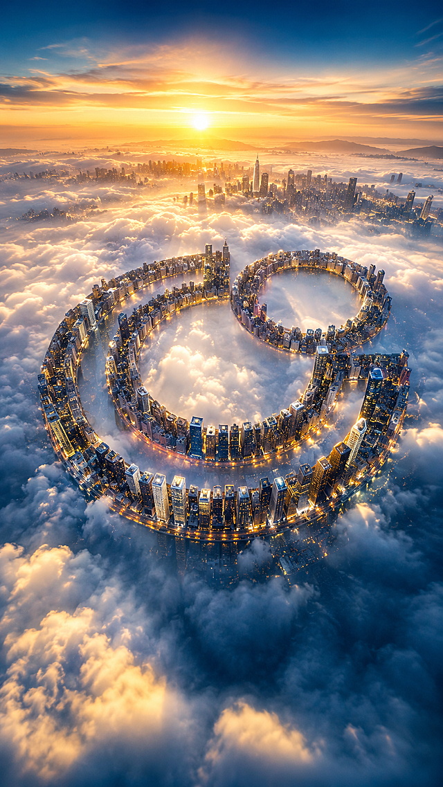 中国人寿logo图形，由摩天大楼建筑群组成中国人寿logo图形，航拍俯瞰视角，繁华现代化国际都市，楼宇参差不齐，形状多样，城市楼房漂浮在平流云海之上，云雾缭绕，日出金色霞光，蓝调渐变天空，冷暖光影交织，楼宇灯光璀璨，通透大气，恢弘壮阔，超写实，8K 超清，电影级画质，商业金融海报质感，中国风意境，干净高级，广角镜头，细节丰富