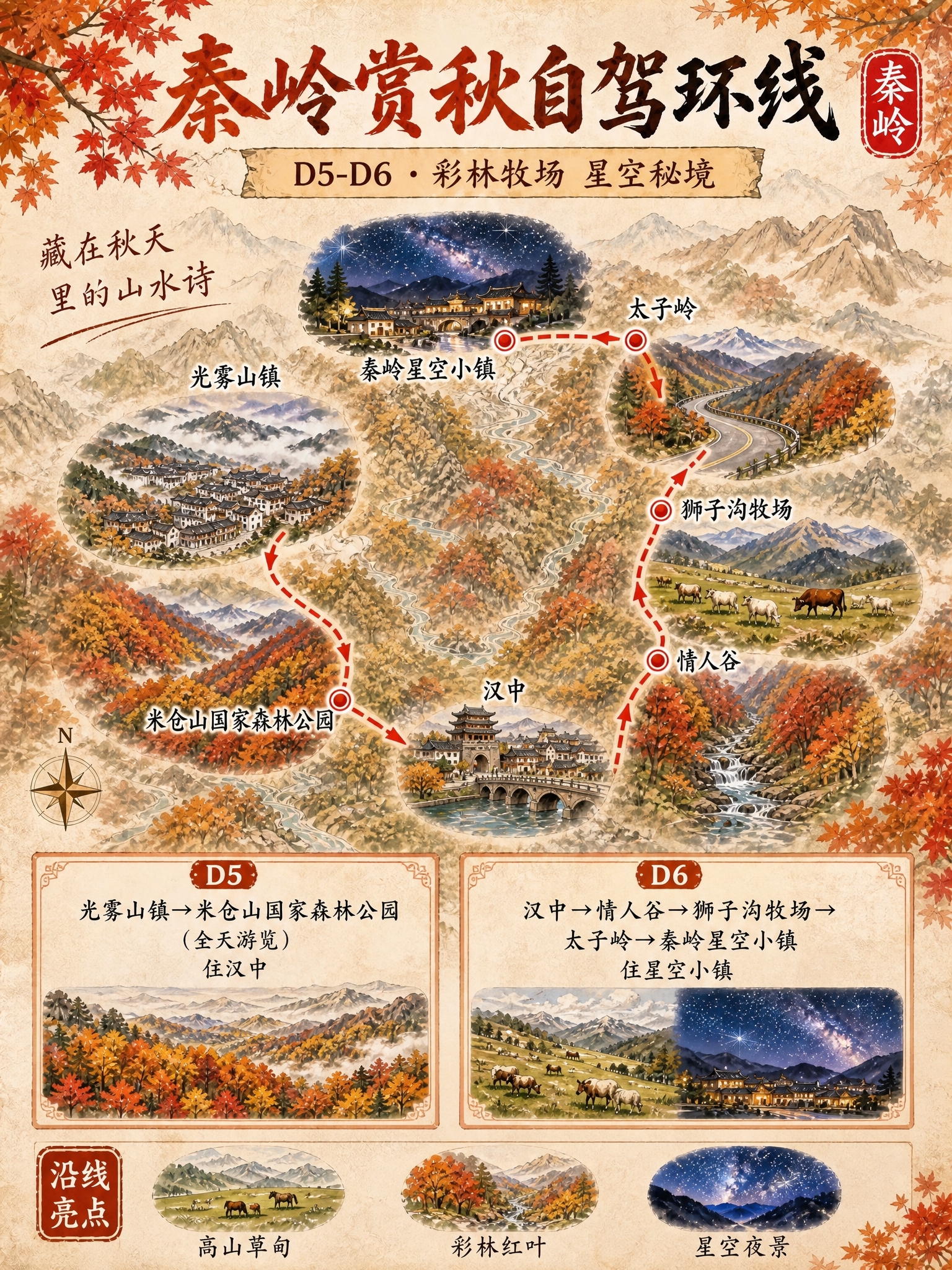 竖版3:4比例旅游攻略海报，国风水彩手绘地图风格，宣纸肌理米白… - 图片创意预览