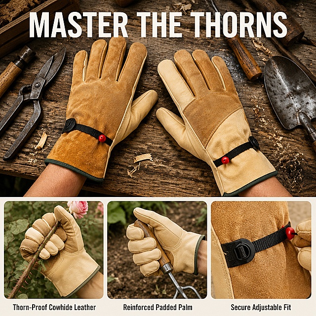 Amazon infographic secondary main image,960x960. Top large photo：two‑tone beige‑brown cowhide work gardening gloves worn on hands, laid on vintage rustic wooden workbench, scattered vintage hand tools and wood shavings. Bottom area has 3 rounded‑corner close‑up sub‑images arranged horizontally. Left sub‑image: gloved hand grabbing thorny rose branch, text label:"Thorn‑Proof Cowhide Leather". Middle sub‑image: gloved hand gripping garden hand tool, text label:"Reinforced Padded Palm". Right sub‑image: close‑up of adjusting wrist drawstring buckle, text label:"Secure Adjustable Fit". Large bold headline text on top: "MASTER THE THORNS". Warm natural soft daylight, commercial product photography, sharp focus, realistic style, text font clean sans‑serif, all text clearly readable