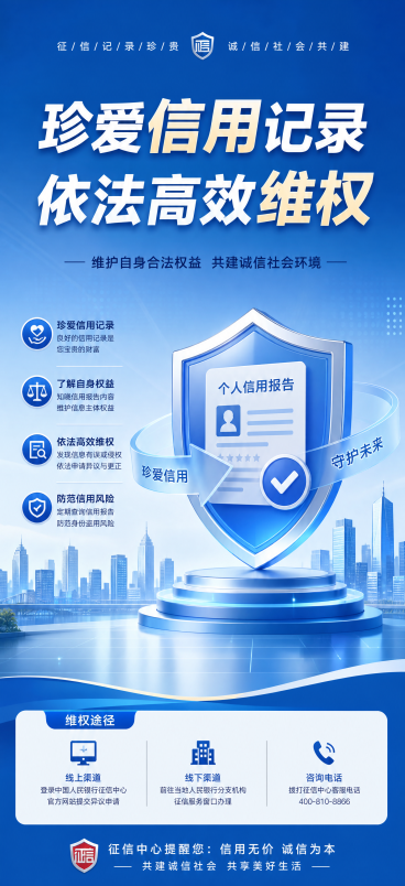 竖版海报，主题为“珍爱信用记录 依法高效维权”，征信题材，蓝色背景，整体排版清晰专业，尺寸1080像素宽，2340像素高预览效果