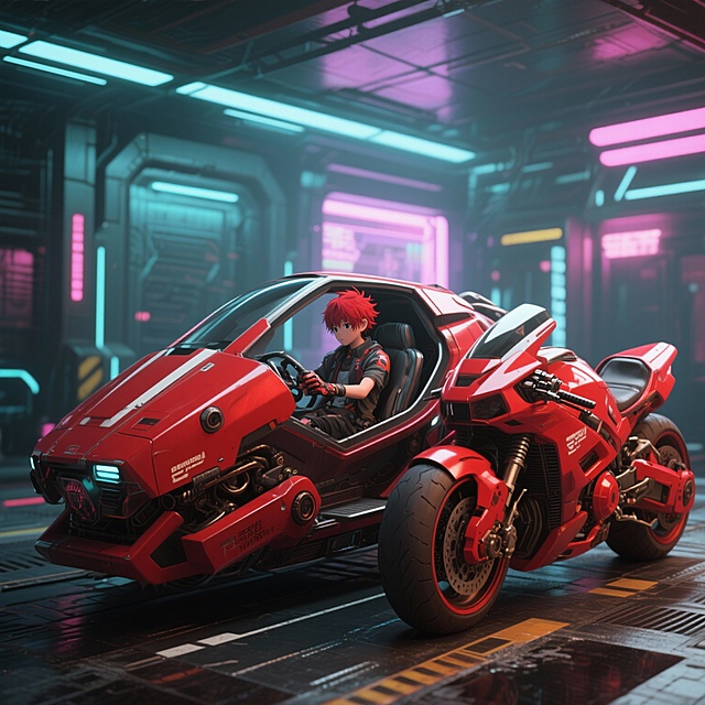 赛博朋克风格的红色机甲，驾驶舱内是一位有着鲜艳红色头发的少年，机甲旁边停放着一辆同样为红色的机甲摩托车，整体场景充满未来科技感，霓虹灯光点缀，金属质感强烈，细节丰富