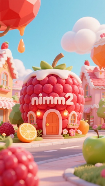 毛绒风格，主体内容：以树莓为造型的 “nimm2” 主题建筑（树莓外壳 + 橙红色门 / 装饰），搭配放大版树莓、橙子,柠檬，青苹果等水果元素，背景是红橙色色系童话小镇
场景设定：梦幻的水果童话小镇场预览效果